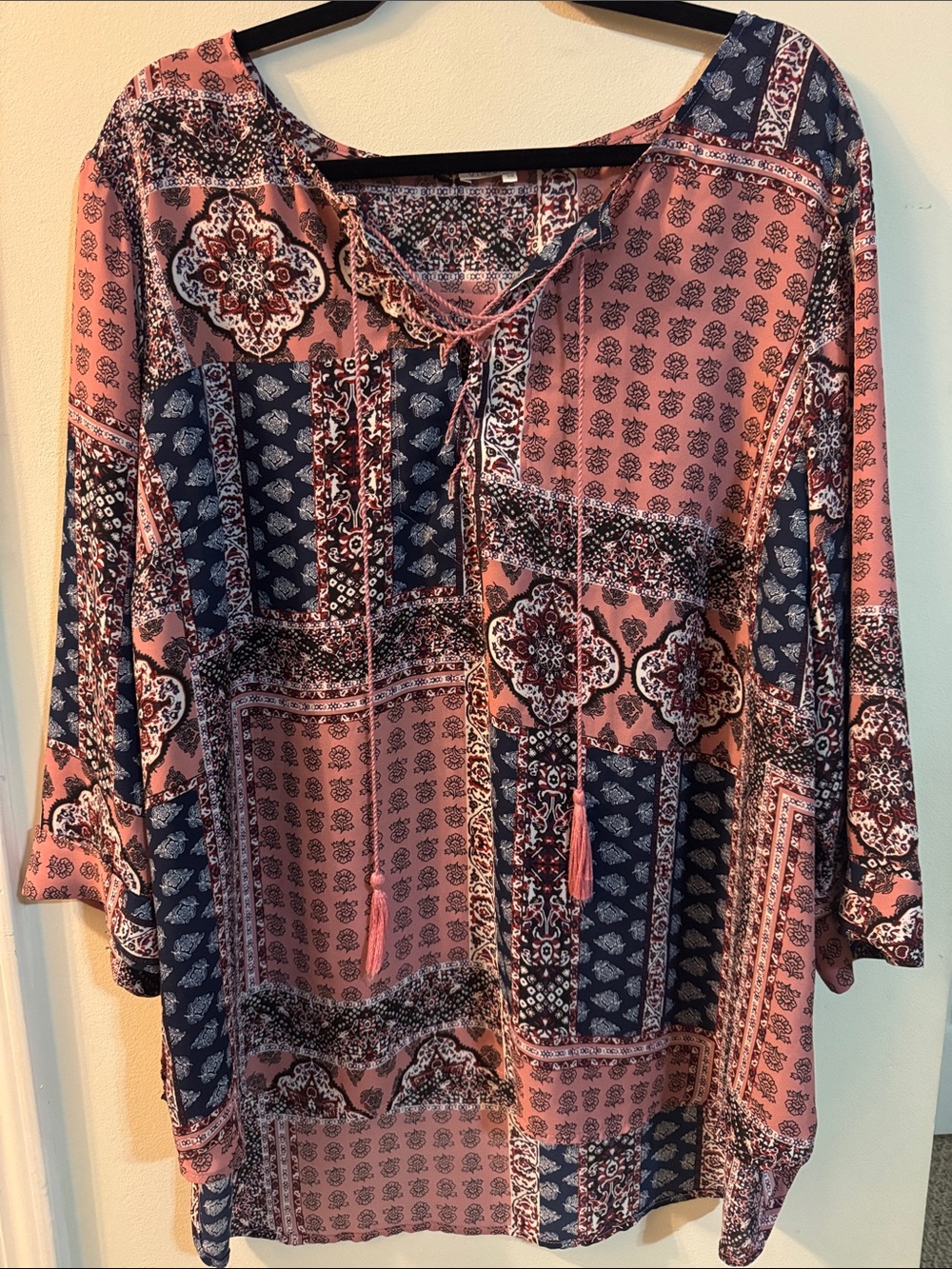 Violet & Claire Pink and Navy Patchwork Boho Tie-Front Tunic